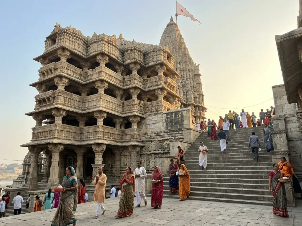 DWARKADHISH SHIKHARA WITH FLAG — FRONT VIEW / HERO — hero image, first-hand photo preferred
